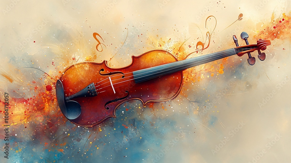 Fototapeta premium A violin with colorful abstract splashes and musical notes around it.