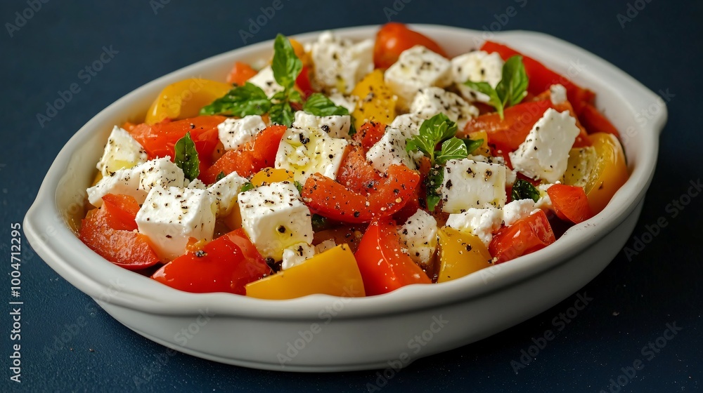 Bell pepper and feta cheese salad, arranged on a white ceramic dish with a deep navy-blue background Bell pepper and feta cheese salad, arranged on a white ceramic dish with a deep navy-blue background