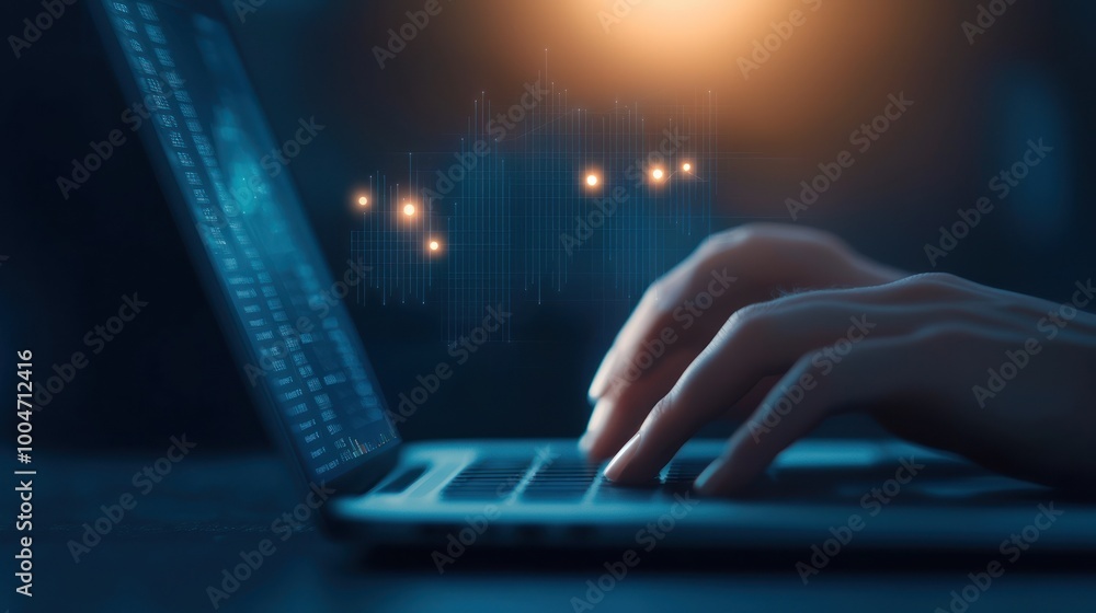 Person typing on laptop in dark environment, illuminated screen, creative workspace. Person typing on laptop in dark environment, illuminated screen, creative workspace.