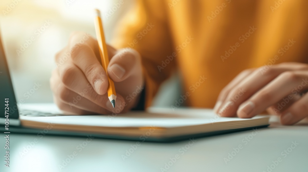 Person writing on a notepad with a pencil, laptop in the background, soft natural lighting. Person writing on a notepad with a pencil, laptop in the background, soft natural lighting.