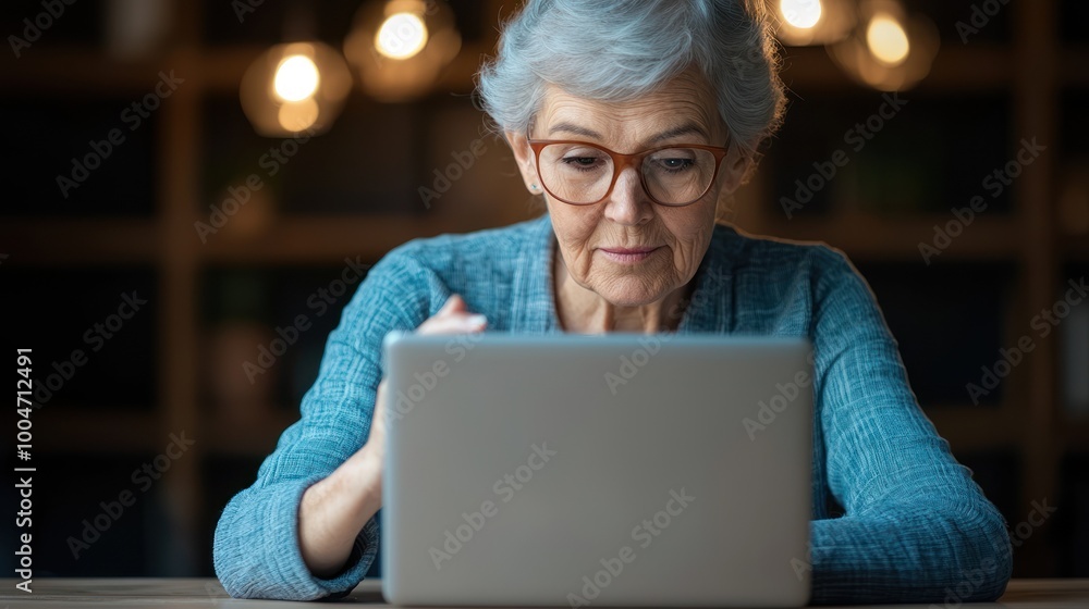 Senior woman using laptop at home, focused and engaged in online activity. Senior woman using laptop at home, focused and engaged in online activity.