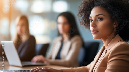 Professional woman focused on work with colleagues at a modern office.