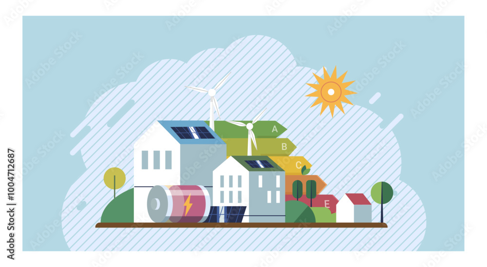 Energy efficiency. Houses with solar panels on roofs and a wind turbine in the background. Battery storage and an energy rating scale are also visible. Ideal for sustainable living, energy Energy efficiency. Houses with solar panels on roofs and a wind turbine in the background. Battery storage and an energy rating scale are also visible. Ideal for sustainable living, energy
