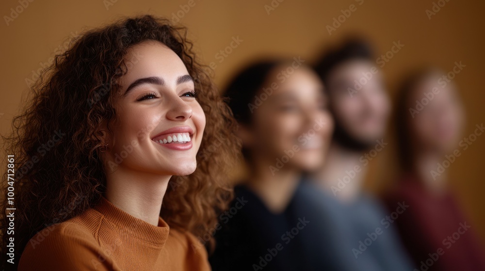 Obraz premium Smiling woman in a group setting, showing joy and positivity.