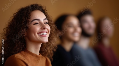 Smiling woman in a group setting, showing joy and positivity.