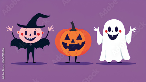 Three cartoon characters are standing in front of a pumpkin and a ghost