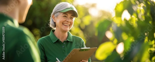 Smiling woman with clipboard in outdoor green environment, joyful and engaged.