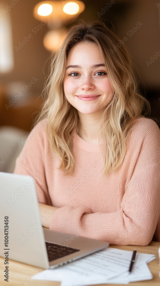 Young woman working on a laptop, smiling, cozy home environment. Young woman working on a laptop, smiling, cozy home environment.