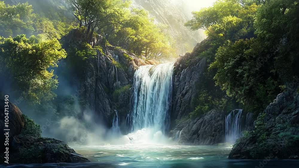 Stunning Seamless Looping Waterfall Background in Lush Forest Stunning Seamless Looping Waterfall Background in Lush Forest