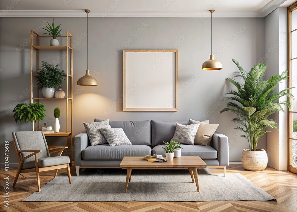 Serene modern living room featuring a sleek empty frame, plush gray sofa, natural wood decor, and neutral tones, exuding calmness and sophistication amidst airy simplicity. Serene modern living room featuring a sleek empty frame, plush gray sofa, natural wood decor, and neutral tones, exuding calmness and sophistication amidst airy simplicity.