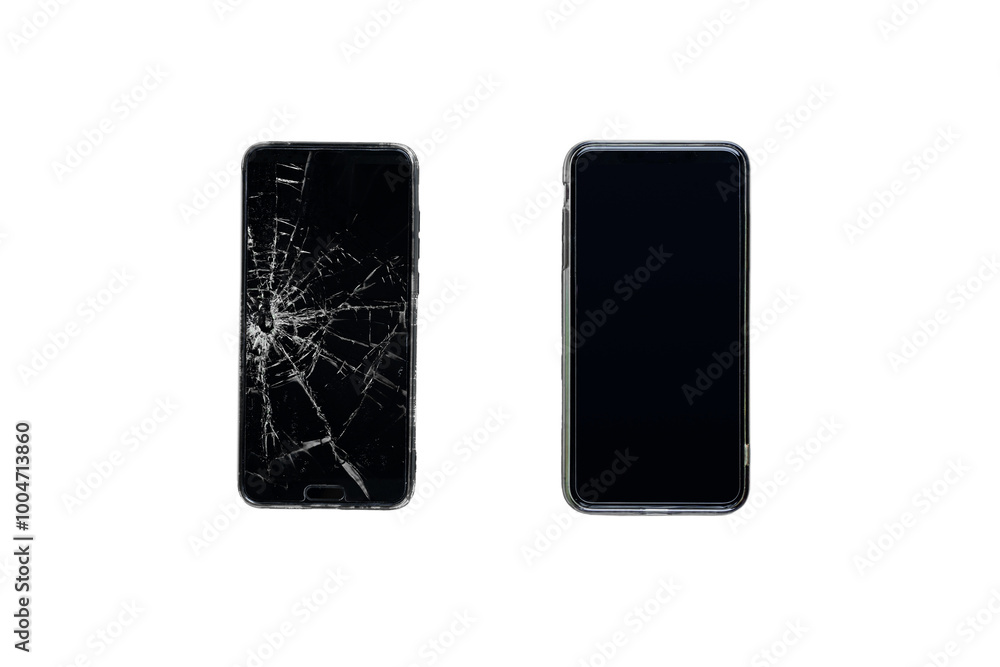 Modern touch screen smartphone with broken screen and new phone, top view. Isolated PNG image