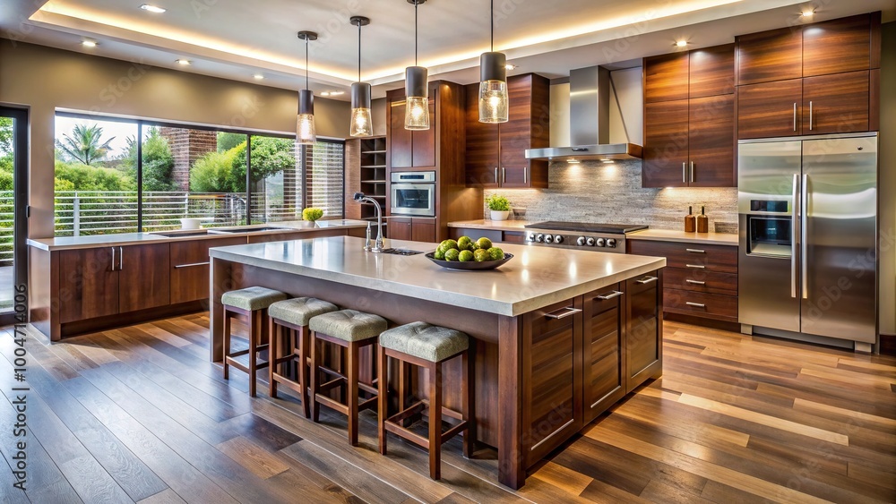 Spacious modern kitchen with rich wood tones features a large wooden island, sleek countertops, and a built-in wine cooler, perfect for entertaining. Spacious modern kitchen with rich wood tones features a large wooden island, sleek countertops, and a built-in wine cooler, perfect for entertaining.