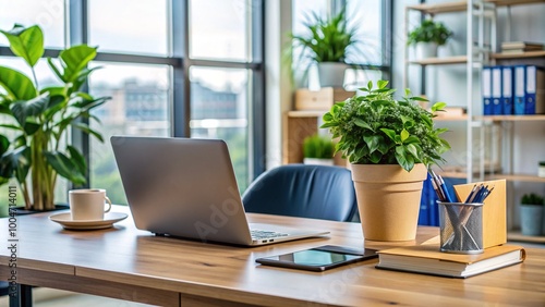 A modern office desk with a laptop, notebook, and pen, next to a planted pot, surrounded by files and folders, awaiting a new team member. photo