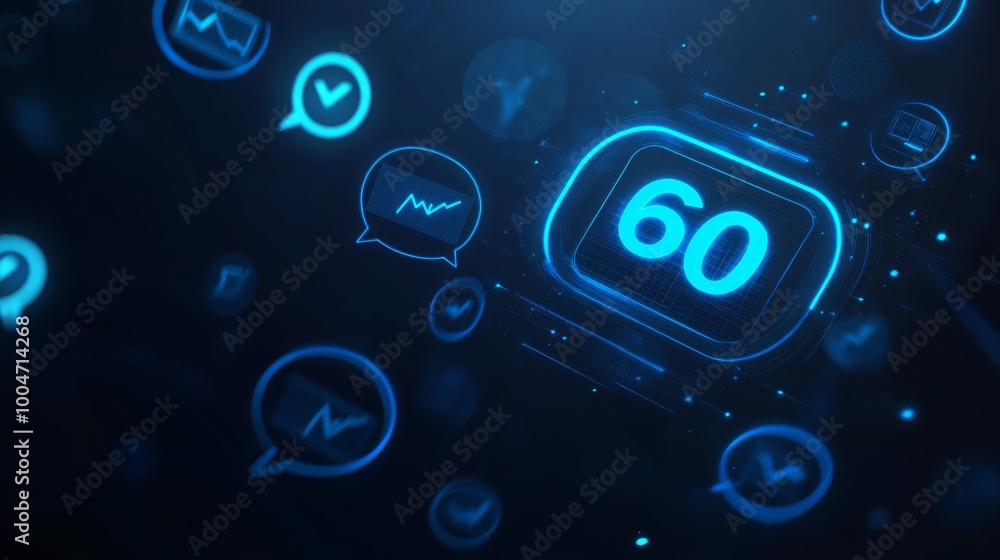 Digital interface with blue icons and a prominent number 60, suggesting metrics or data.