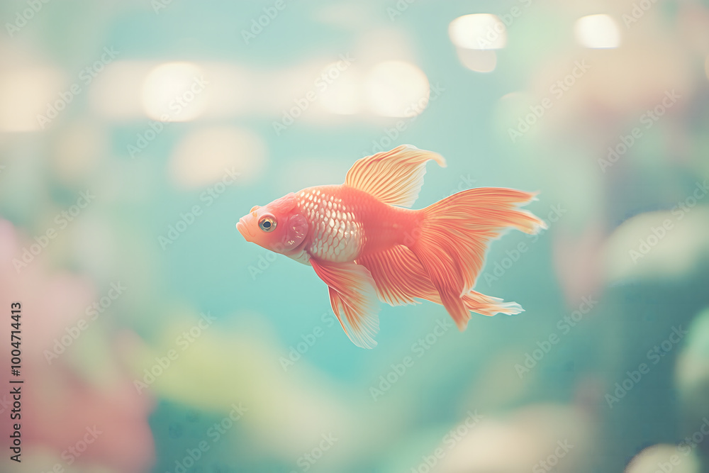 Obraz premium Orange Goldfish Swimming in Aquarium with Bokeh Background