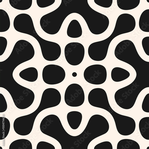 Vector abstract geometric texture. Black and white seamless pattern with curved lines, floral silhouettes, organic shapes, dots, grid, repeat tiles. Simple monochrome background. Stylish geo design