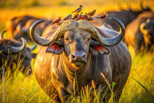 African buffalo grazes peacefully as oxpeckers perch on its back, feeding on parasitic insects, exemplifying a mutually beneficial relationship in the sun-drenched savannah landscape. photo