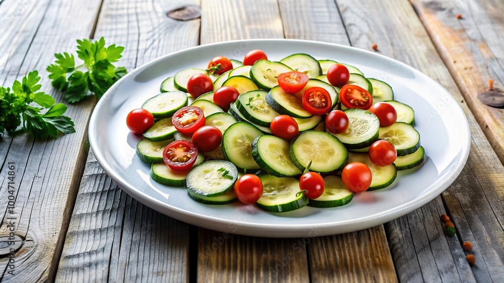 Fresh white plate with sliced zucchini and cherry tomatoes on a rustic wooden table against a clean white background, perfect for summer recipe ideas. Fresh white plate with sliced zucchini and cherry tomatoes on a rustic wooden table against a clean white background, perfect for summer recipe ideas.