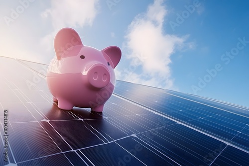 Piggy bank on solar panels with blue sky