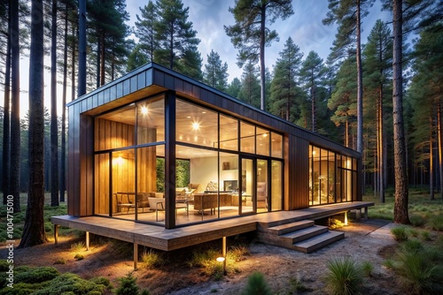 modern architecture, large windows, forest setting, evening lighting, open concept, minimalist decor, wooden exterior modern cabin in the woods, minimalist forest house, luxury woodland retreat