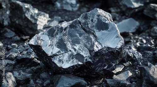 A rough hematite specimen showcases its metallic luster, glistening in the natural light amongst a bed of dark, rocky fragments, highlighting its mineral texture