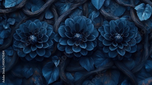 Gothic Floral Design with Black Dahlias and Twisted Roots on Midnight Blue Background, Traditional Folk Art Painting