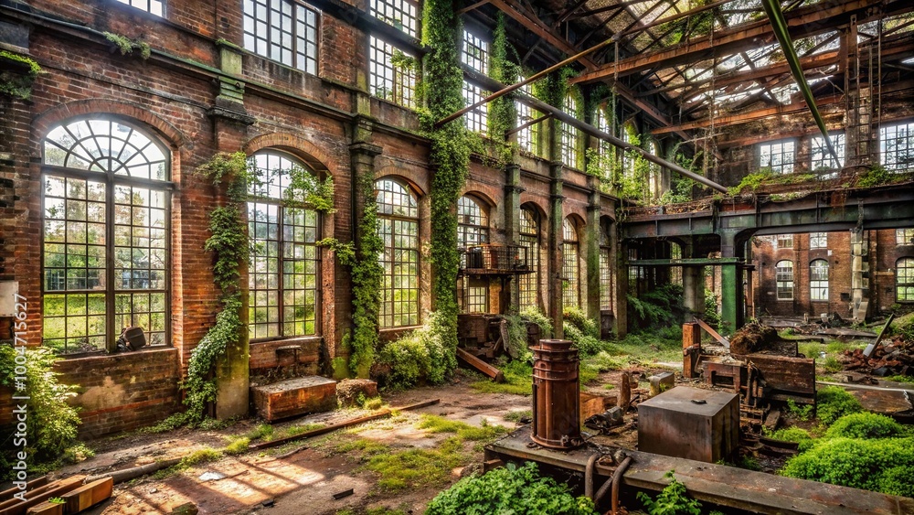 Abandoned industrial factory interior with crumbling brick walls, rusty machinery, and shattered windows, overgrown with vines and moss in urban decay setting. Abandoned industrial factory interior with crumbling brick walls, rusty machinery, and shattered windows, overgrown with vines and moss in urban decay setting.