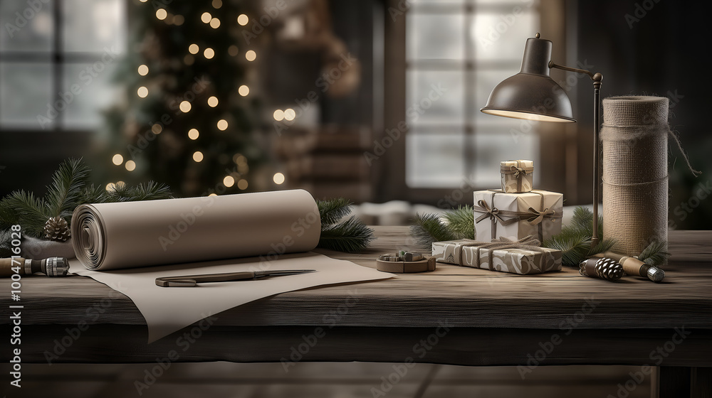 Gift wrapping supplies and Christmas decorations on a wooden table in a cozy setting, santa's workshop Gift wrapping supplies and Christmas decorations on a wooden table in a cozy setting, santa's workshop