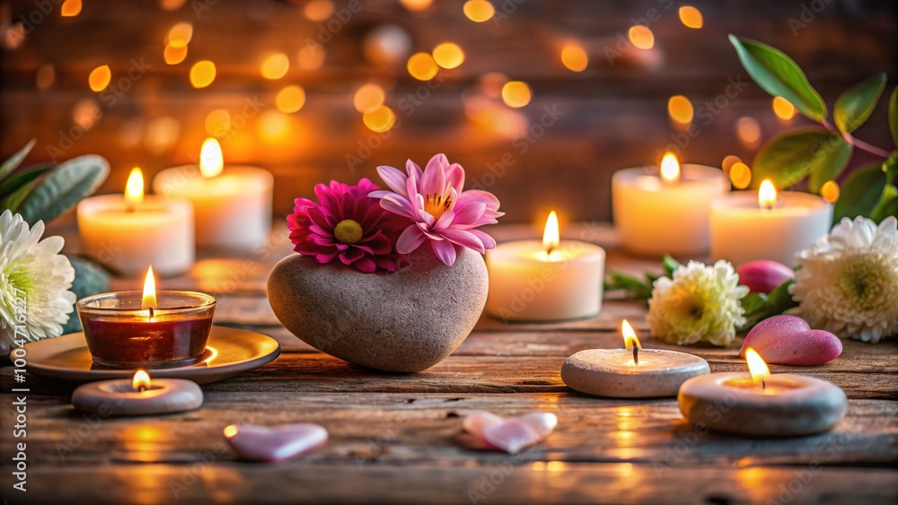 Serene ambiance of candlelit space with flowers, incense, and heart-shaped stones, evoking feelings of inner peace, love, and mindfulness in a tranquil atmosphere. Serene ambiance of candlelit space with flowers, incense, and heart-shaped stones, evoking feelings of inner peace, love, and mindfulness in a tranquil atmosphere.