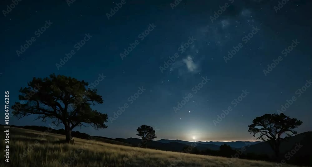 The sky is clear, with countless stars scattered across the deep navy blue backdrop, twinkling softly. Some stars form faint constellations, adding a touch of cosmic wonder The sky is clear, with countless stars scattered across the deep navy blue backdrop, twinkling softly. Some stars form faint constellations, adding a touch of cosmic wonder
