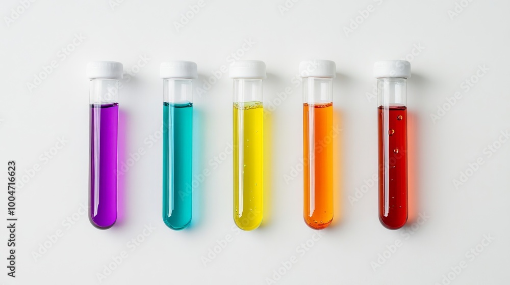 Five test tubes with colorful liquids arranged on a white background. Five test tubes with colorful liquids arranged on a white background.