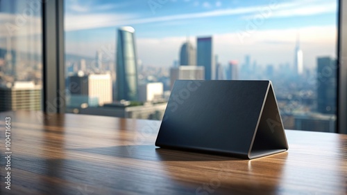 Minimalist black business card stands upright on sleek modern desk against blurred cityscape background, highlighting professionalism and entrepreneurship. photo