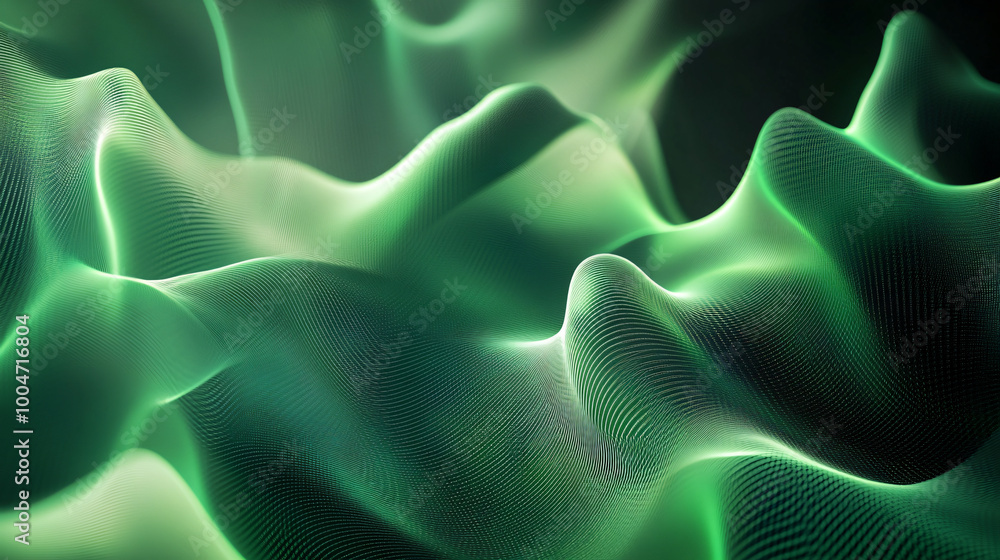 Obraz premium A dynamic pattern of green waveforms with gradient colors. 