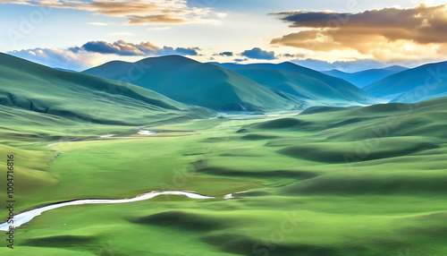 Prairie on highland with magnificent view, nature and ecology in sight photo