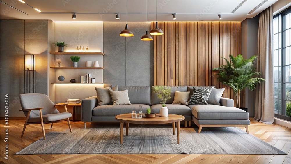 Sleek Scandinavian-inspired living room features a spacious empty wall perfect for displaying artwork, a plush grey sofa, and a natural wood coffee table, illuminated by warm lighting. Sleek Scandinavian-inspired living room features a spacious empty wall perfect for displaying artwork, a plush grey sofa, and a natural wood coffee table, illuminated by warm lighting.