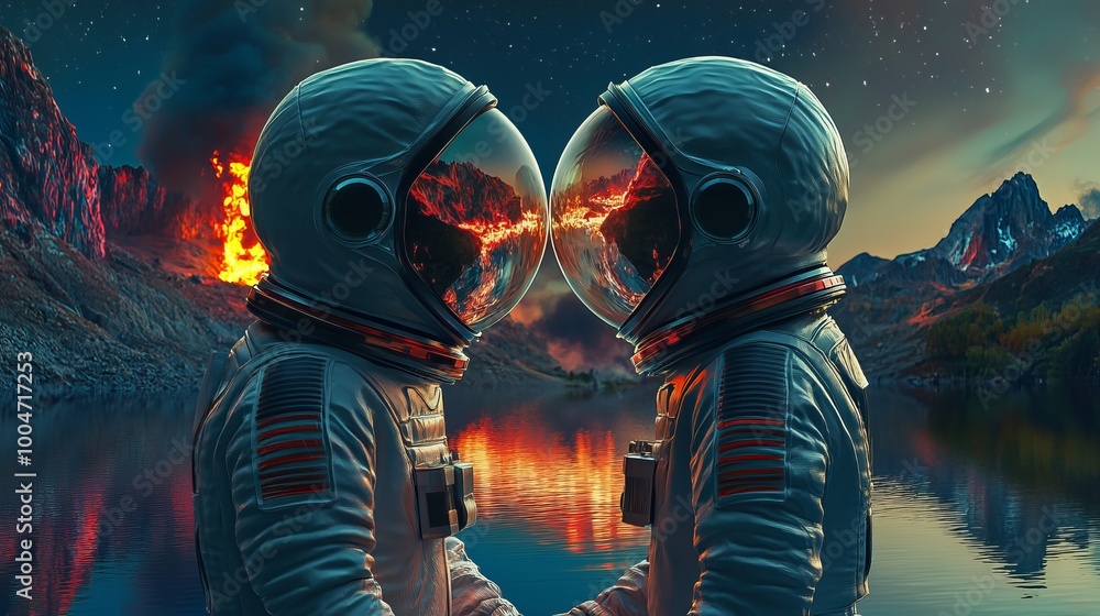 Two astronauts hold hands against a vibrant alien landscape, their helmets reflecting mountains and a starry lake, as a distant fire flickers warmly in the background. Two astronauts hold hands against a vibrant alien landscape, their helmets reflecting mountains and a starry lake, as a distant fire flickers warmly in the background.