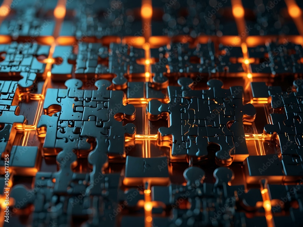 Metallic puzzle pieces with glowing circuits. Metallic puzzle pieces with glowing circuits.