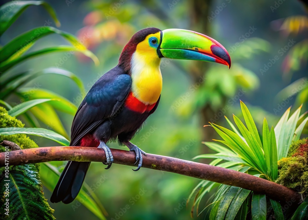 Obraz premium Vibrant toucan perches on a lush green tree branch, its brightly colored beak and plumage standing out against the natural tropical forest surroundings.