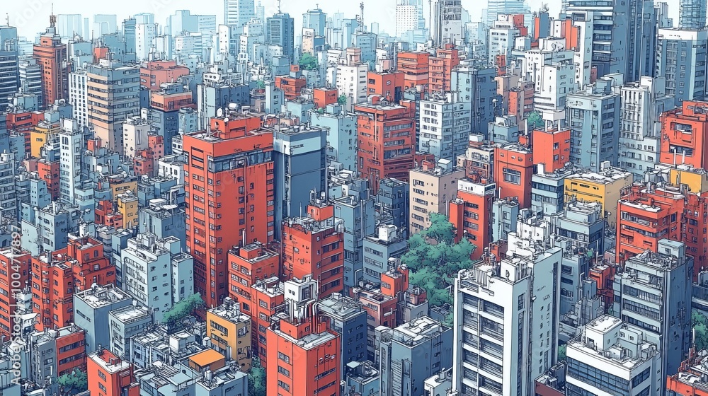 Fototapeta An artistic illustration of an urban city harmoniously blending with lush greenery, showcasing the beauty of a concrete jungle where nature and modern architecture thrive together