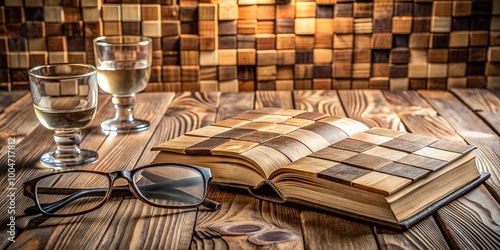 A rustic wooden table with scattered wooden tiles forming a concept, surrounded by glasses and an open book, evoking knowledge and intellectual pursuit atmosphere. photo