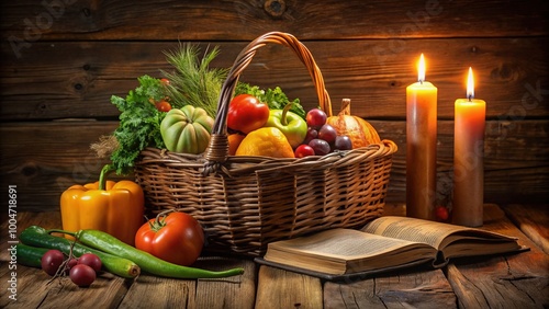 A rustic wooden table holds a woven basket overflowing with fresh produce, surrounded by candles, and a worn leather-bound Bible, evoking a sense of gratitude. photo