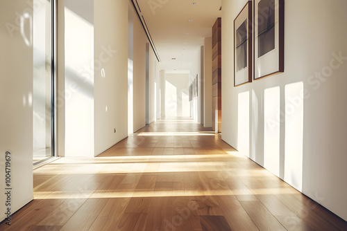 Modern Minimalist Hallway with Natural Light and Wooden Floors, Featuring Abstract Art and Serene Atmosphere