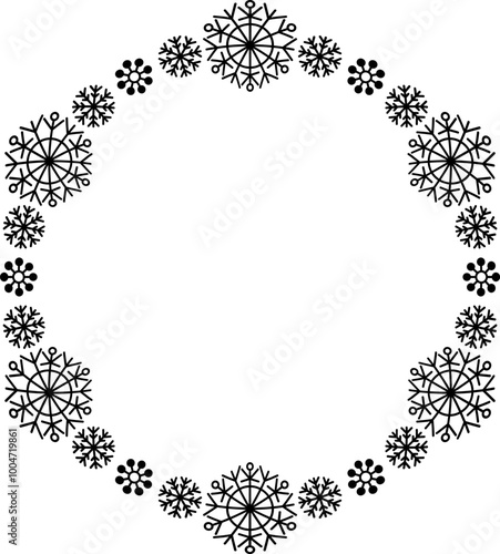 Snowflake circle frame. Winter snowflake round border.