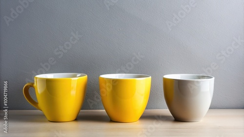 Three identical identical ceramic cups standing in a row, except one is bright yellow, standing out against the monochromatic backdrop of white and gray cups. photo