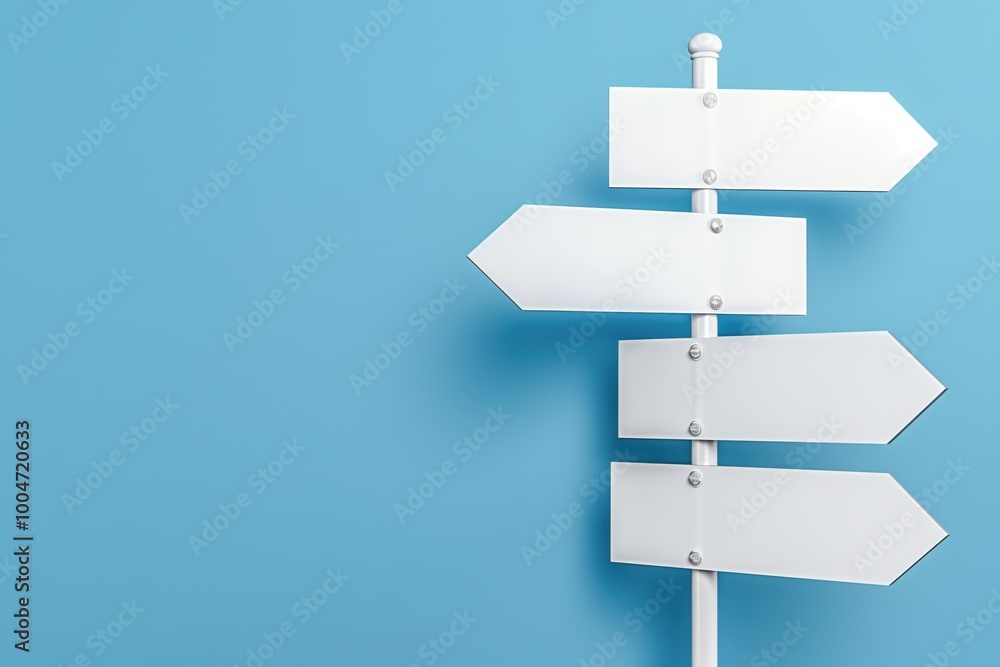 A white sign with four arrows pointing in different directions. The sign is on a blue background. The sign is meant to be a symbol of guidance or direction A white sign with four arrows pointing in different directions. The sign is on a blue background. The sign is meant to be a symbol of guidance or direction