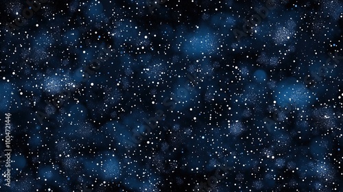 Blue sky with snowflakes falling from it. The sky is filled with stars and the snowflakes are scattered throughout the sky. The image has a peaceful and serene mood