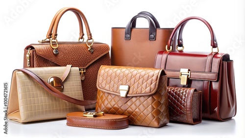 Luxurious fashion accessories arranged on a white background, featuring stylish leather handbags and wallets in various colors and designs, showcasing sophistication and elegance. photo