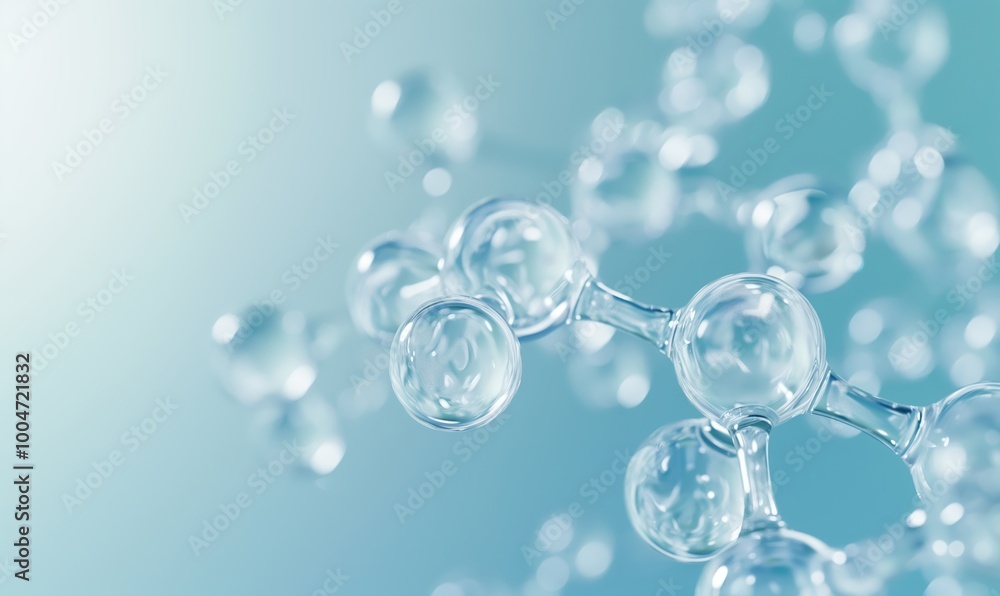 Close up of a cluster of small spheres, each one of which is clear and has a slightly different shape. The spheres are arranged in a way that suggests a molecular structure Close up of a cluster of small spheres, each one of which is clear and has a slightly different shape. The spheres are arranged in a way that suggests a molecular structure