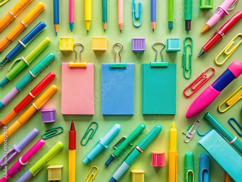 Colorful office pens and writing essentials, such as paperclips and sticky notes, are arranged in a harmonious flat design top view with a complementary palette.