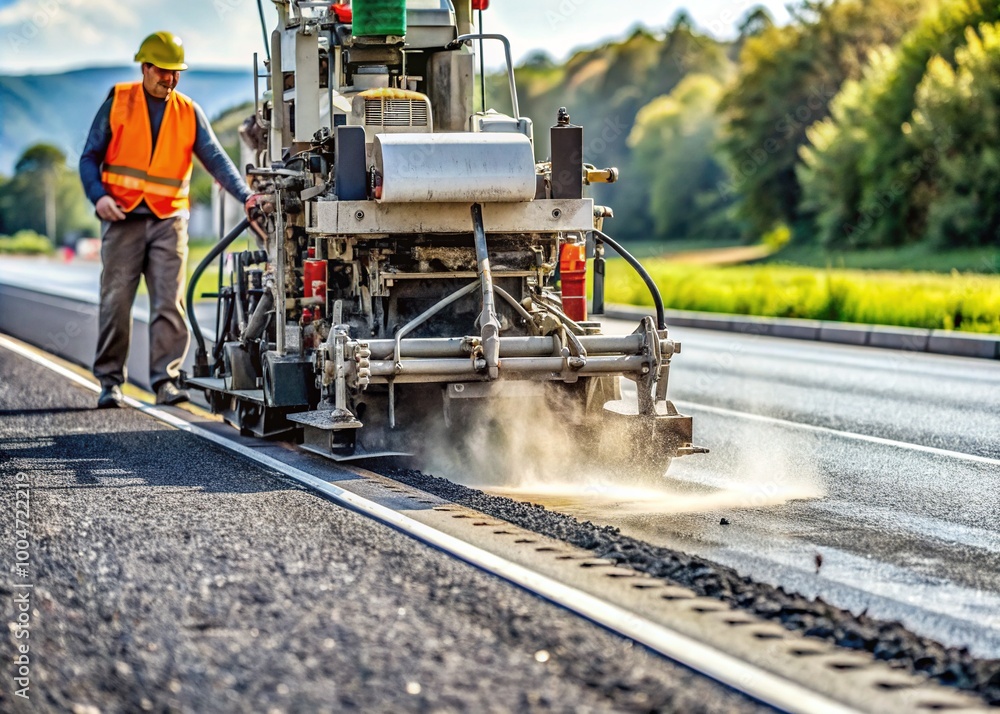 Fototapeta premium Machine applies fresh slurry seal to road surface, tire tracks visible, blurred motion conveys sense of action, smooth finish achieved with precision equipment in use.